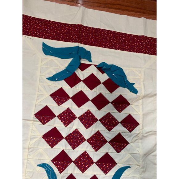 Vintage Handmade Pineapple Quilt Top 27"x23" Red & Cream with Blue Bow Appliqué - Picture 6 of 7